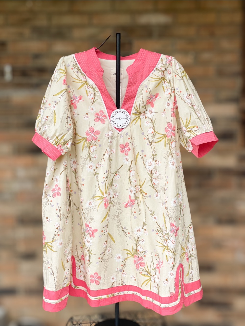 NWT Umgee 2XL Floral Cotton Shift Dress Pink Trim Pockets